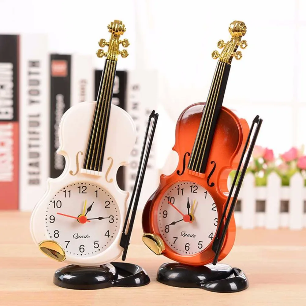 Image 2 Colors Creative Instrument Table Clock Student Violin Gift Home Decor Fiddle Quartz Alarm Clock Desk Plastic Craft