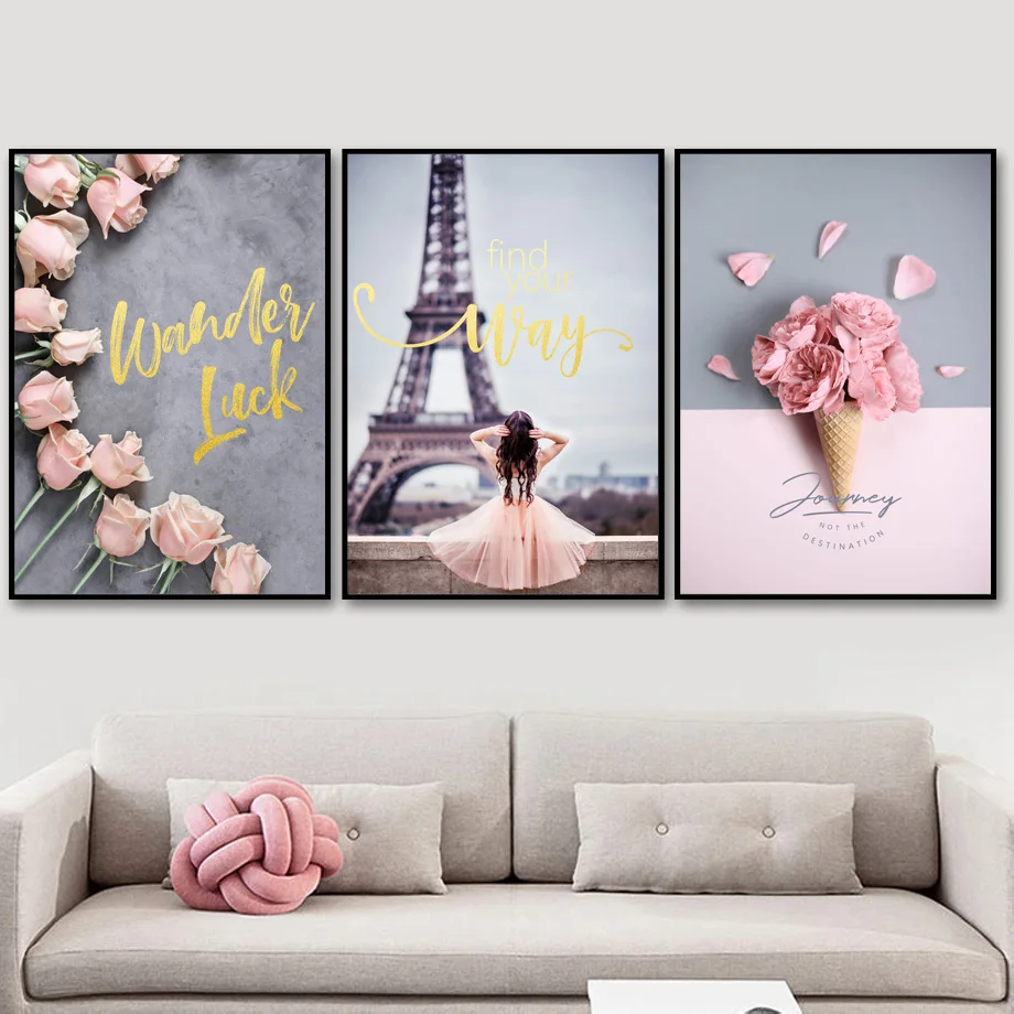 

Pink Peony Flower Girl Paris Tower Quotes Wall Art Canvas Painting Nordic Posters And Prints Wall Pictures For Living Room Decor