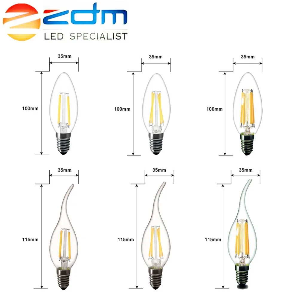 ZDM светодиодный лампы в форме свечи C35 G45 ST64 винтажная лампа E14 E27 A60 220v глобус 2W 4W 6W 8W