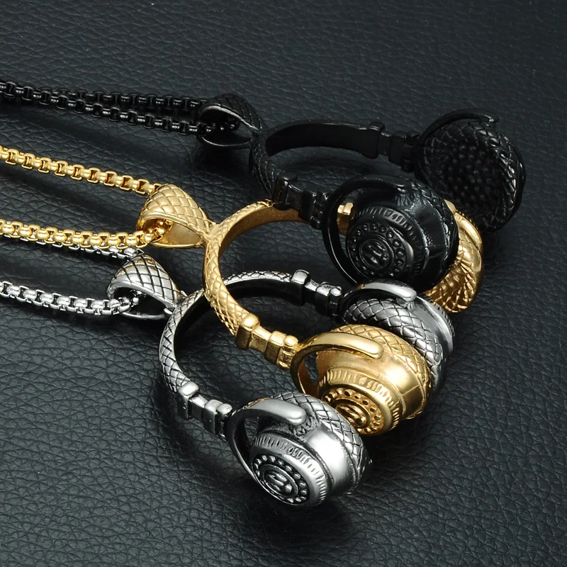 HIP Punk Gold Color Titanium Stainless Steel Sport Headset Music Carnival Headphones Pendants Necklaces for Men Jewelry 8