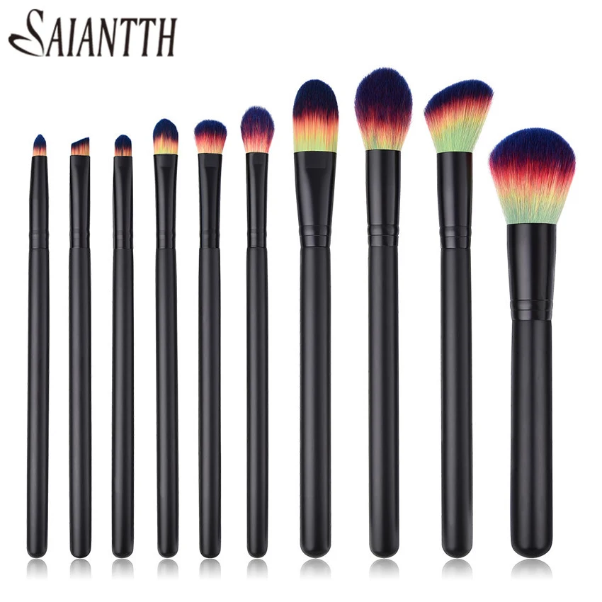 

SAIANTTH 10pcs Professional wood black Makeup Brushes foundation powder blush eyeshadow concealer make up brush beauty rainbow