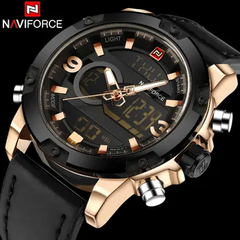 

NAVIFORCE Brand Dual Dispaly Watch Men 30M Waterproof Sports Watches Luminous Analog LED Digital Wristwatches Leather Band Clock