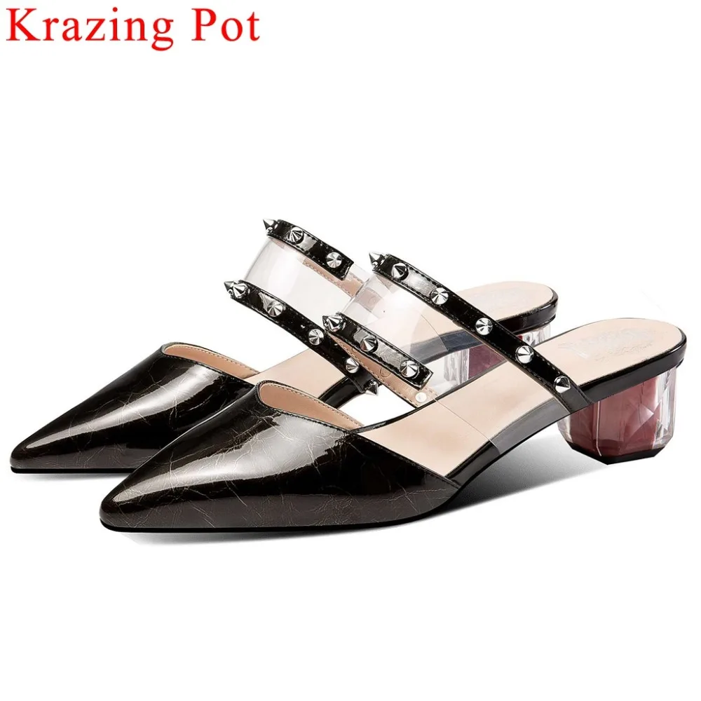 Krazing Pot large size rivets decoration chunky heels slip on mules genuine leather pointed toe jelly shoes wedding pumps L31
Krazing Pot large size rivets decoration chunky heels slip on mules genuine leather pointed toe jelly shoes wedding pumps L31