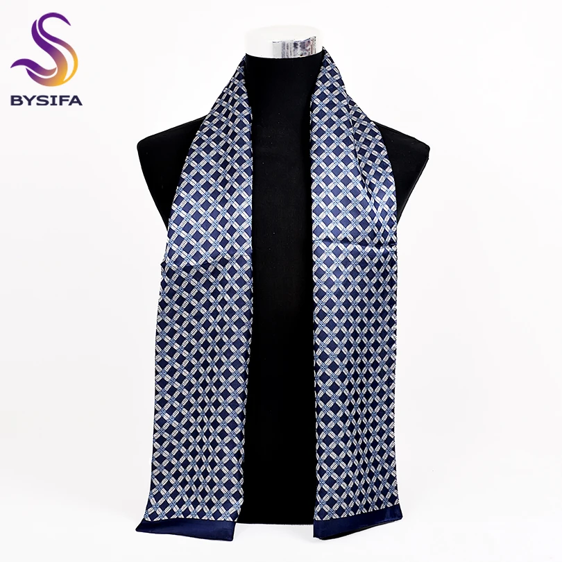 

[BYSIFA] Fashion Men Silk Scarf Muffler Winter Navy Blue Plaid Business Neck Scarf 100% Silk Male Long Scarves Cravat 160*26cm