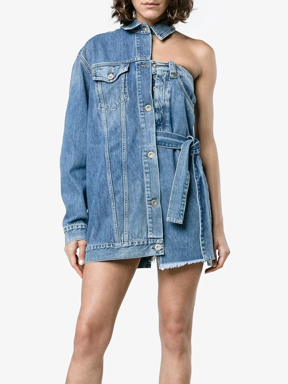 2018 Designer Women raw edge hem, button fastening front One Shoulder one Long Sleeve Asymmetric Denim Jacket Mini Dress
2018 Designer Women raw edge hem, button fastening front One Shoulder one Long Sleeve Asymmetric Denim Jacket Mini Dress