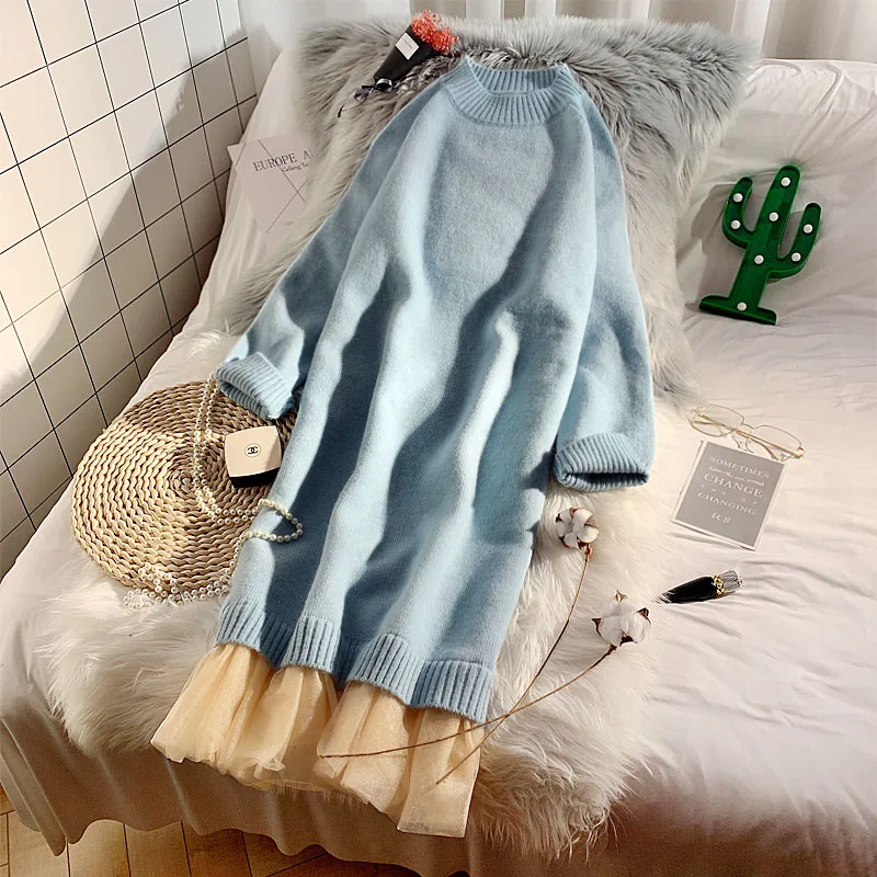 Women Sweater Dresses New Spring Autumn Gauze Patchwork Medium-long Knitted Sweater O Neck Long Sleeve Pullovers Tops
Women Sweater Dresses New Spring Autumn Gauze Patchwork Medium-long Knitted Sweater O Neck Long Sleeve Pullovers Tops