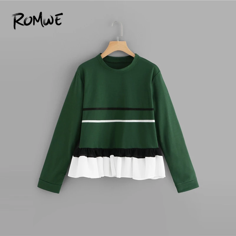 

ROMWE Ruffle Hem Contrast Taped Sweatshirt 2019 Fashion Women Green Striped Clothes Casual Spring Autumn Long Sleeve Pullovers