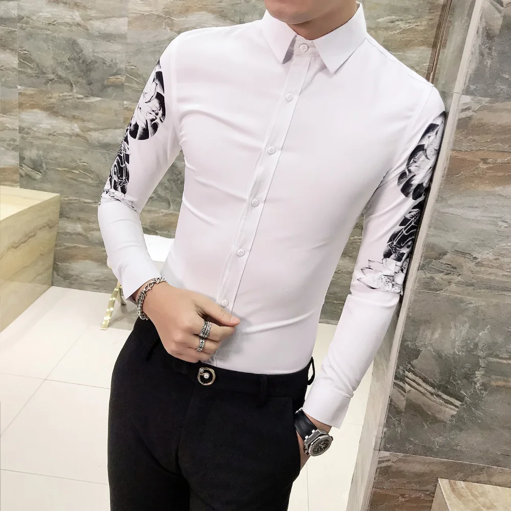 Новая мода Мужская рубашка платье Slim Fit с длинным рукавом цветочным принтом