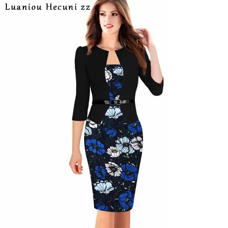 Chu-Ni-Women-Elegant-Faux-Jacket-One-Piece-Belted-Lace-Patchwork-Wear-to-Work-Business-Pencil (2)