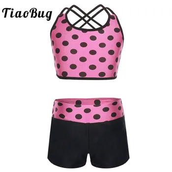 

TiaoBug Kids Teens Polka Dots Ballet Dance Workout Tank Top with Bottoms Tankini Set Dance Wear Girls Gymnastic Shorts Top Suits