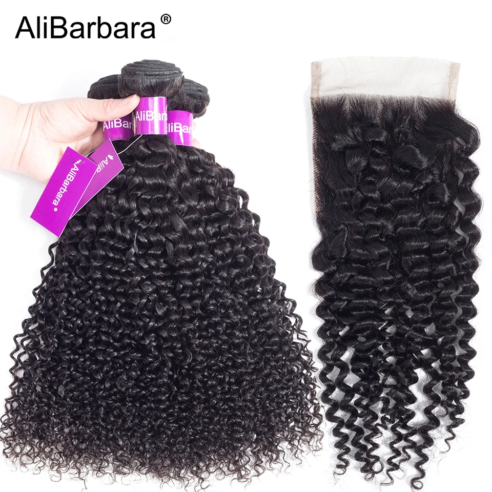 

AliBarbara Hair Peruvian Afro Kinky Curly Remy Human Hair 3Bundles with Closure 4X4 Swiss Lace Nature black Hair Weave Extension