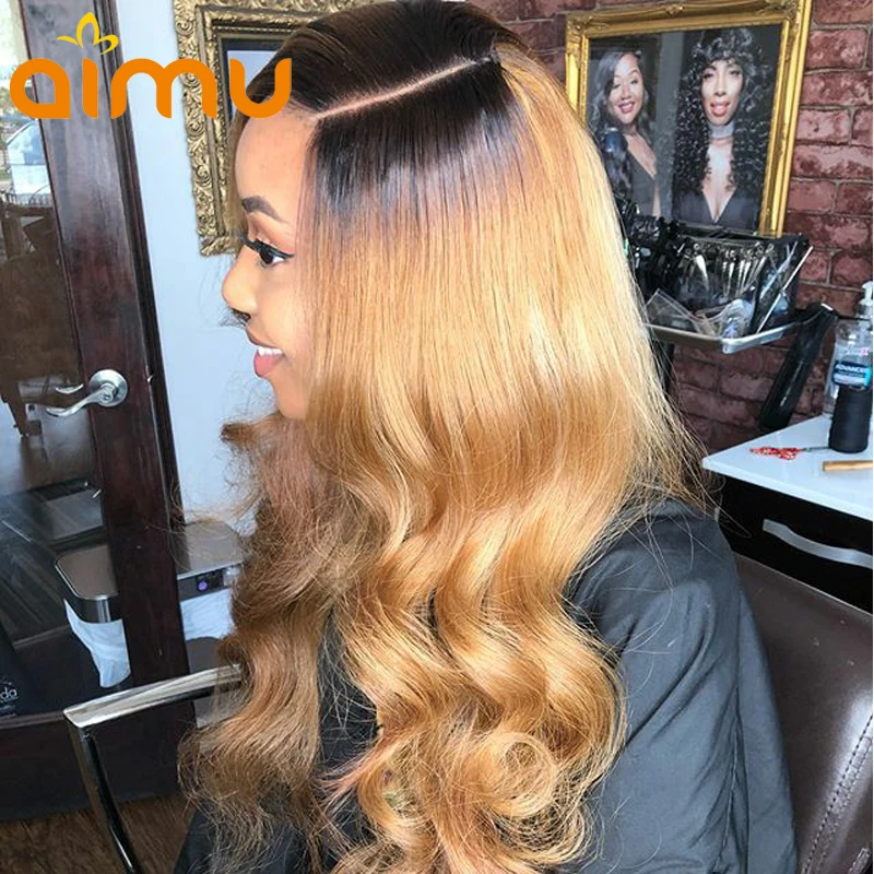 Фото Colored Human Hair Wigs 1b/27 Honey Blonde Lace Front 13x6 Deep Part Peruvian Virgin Remy For Women Pre Plucked Aimu | Шиньоны и парики