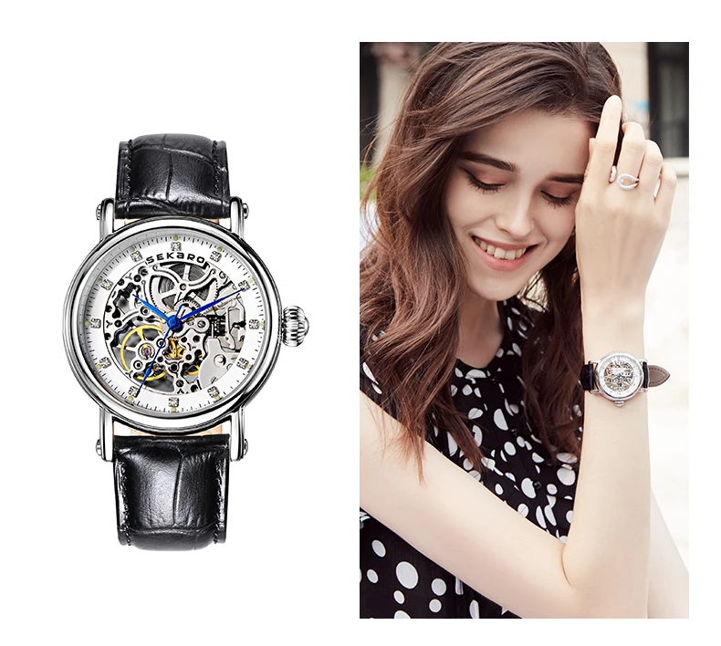 SEKARO Brand Women Mechanical Watches Diamond Ladies hand-winding Wristwatches Leather Fashion Skeleton Dial Gift for Female