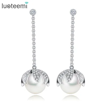 

LUOTEEMI Fashion Brincos For Women White Gold Color Jewelry CZ Crystal Water Drop Imitation Pearl Earrings Wedding Accessories