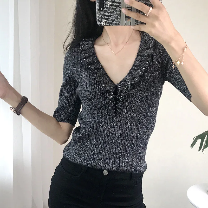Women Sweater Knitted Top Elegant Bodycon Ruffles Jumper Beading Lurex Jersey Runway Slim Short Sleeve Pullovers Casual Autumn
Women Sweater Knitted Top Elegant Bodycon Ruffles Jumper Beading Lurex Jersey Runway Slim Short Sleeve Pullovers Casual Autumn