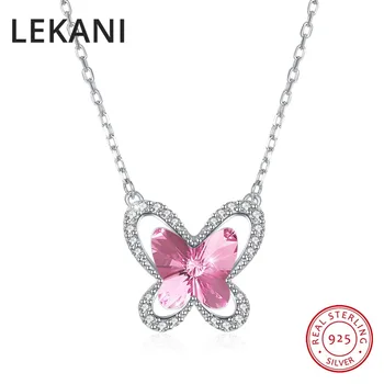 

LEKANI Crystals From SWAROVSKI Cute Butterfly Pendants Necklaces For Women Girls Fine Jewelry Real S925 Silver Chain Collares