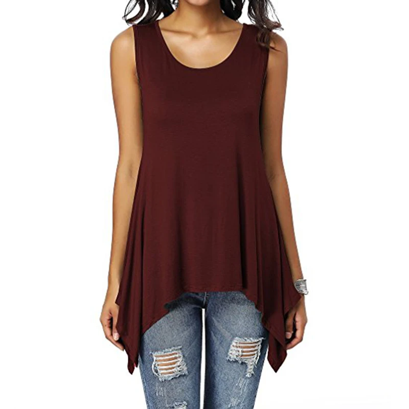 Summer Womens Sleeveless Solid Vest Irregular Casual Holiday Blouse Tops T-shirt