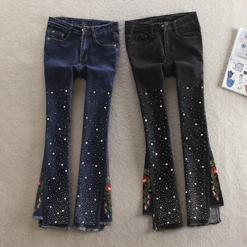 Fashion Flower Embroidery Jeans Flared Women Jeans With Rhinestones Cropped Wide Leg Jeans Women Plus Size Stretch Denim Pants
Fashion Flower Embroidery Jeans Flared Women Jeans With Rhinestones Cropped Wide Leg Jeans Women Plus Size Stretch Denim Pants