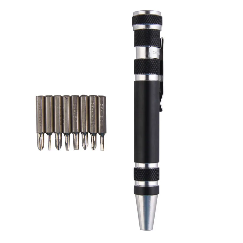 Portable 8 in 1 Aluminum Pen Style Screw Driver Multi-Tool Precision Mobile phone Repair Tool Kit Screwdriver Set Bits Black
Portable 8 in 1 Aluminum Pen Style Screw Driver Multi-Tool Precision Mobile phone Repair Tool Kit Screwdriver Set Bits Black