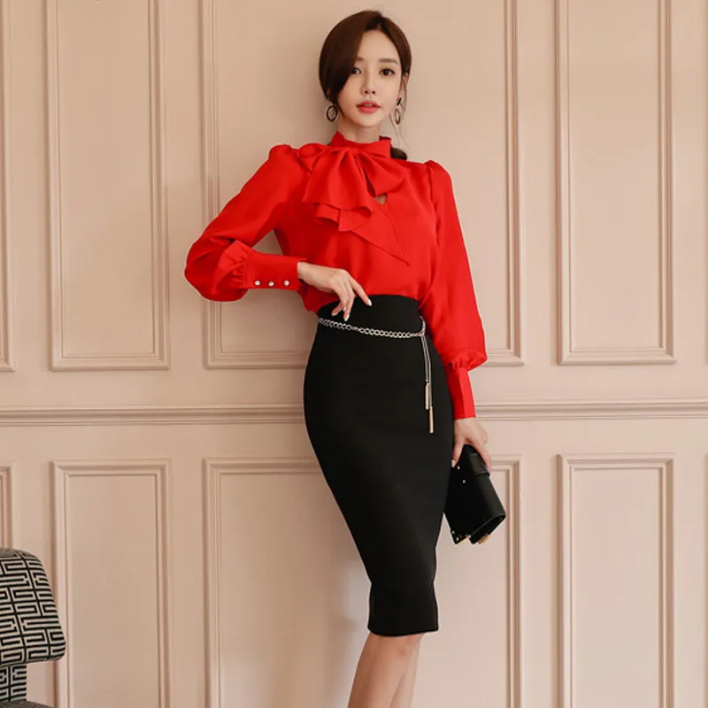 Women 2019 Spring OL 2-piece Suits Elegant Vintage Lace Up Shirt Top + Sexy High Waist Pencil Bodycon Skirt Work Set
Women 2019 Spring OL 2-piece Suits Elegant Vintage Lace Up Shirt Top + Sexy High Waist Pencil Bodycon Skirt Work Set