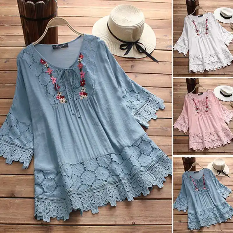 Plus Size Tunic Women's Embroidery Blouse 2019 ZANZEA Lace Top Female 3/4 Flare Sleeve Shirt Chemise Casual Patchwork Work Blusa
Plus Size Tunic Women's Embroidery Blouse 2019 ZANZEA Lace Top Female 3/4 Flare Sleeve Shirt Chemise Casual Patchwork Work Blusa