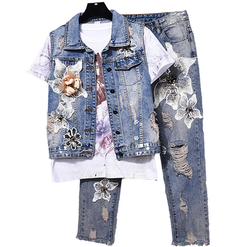 Flower Cowboy Vest + Stretch Pants 2 Pieces Jean And Jacket Casual Womens 2Pieces Sets Vintage Tracksuits
Flower Cowboy Vest + Stretch Pants 2 Pieces Jean And Jacket Casual Womens 2Pieces Sets Vintage Tracksuits