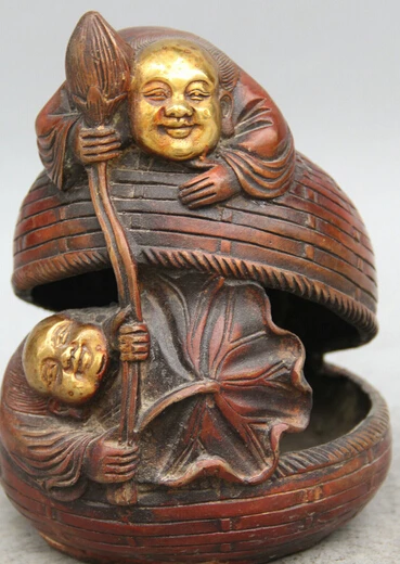 JP S0524 6" Chinese Bronze Gild He He Two immortal lotus leaf flower basket skep Statue
JP S0524 6" Chinese Bronze Gild He He Two immortal lotus leaf flower basket skep Statue