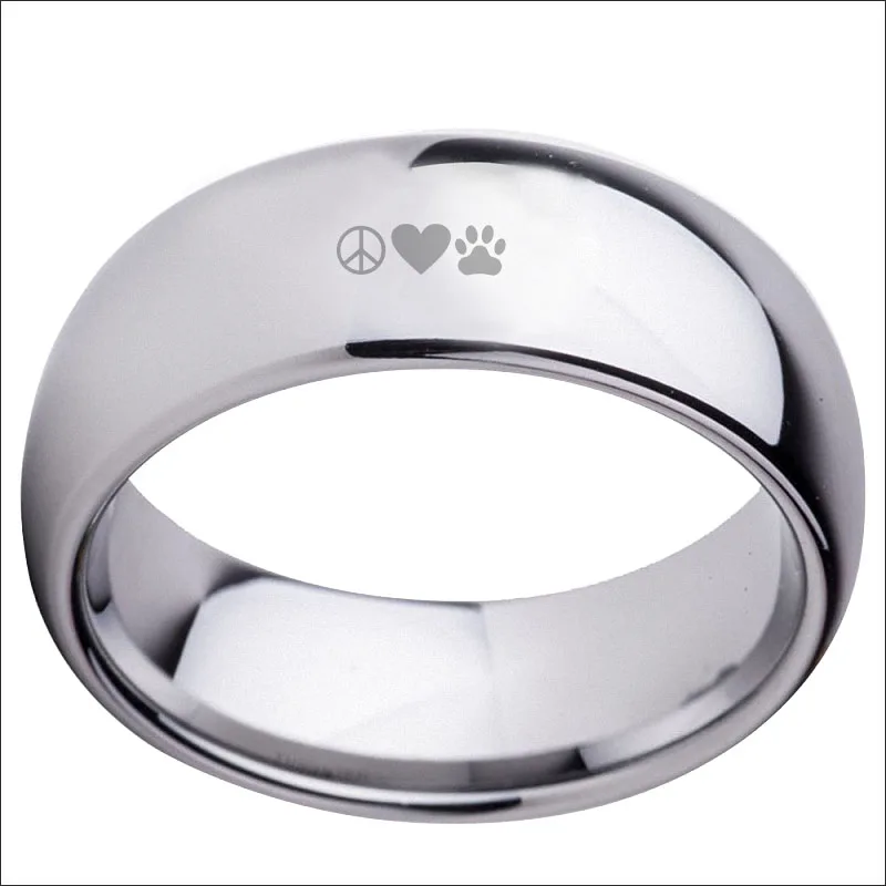 Фото Peace Love Pet Pattern Design Dome Tungsten 8mm Wedding Ring Silver Men'S | Украшения и аксессуары