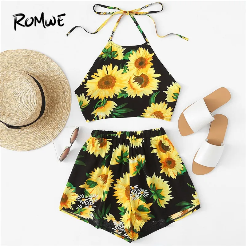 

ROMWE Boho Sunflower Crop Halter Top With Elastic Waist Shorts Women Floral Print Two-Piece Set Beach Style Summer Short Co-ords