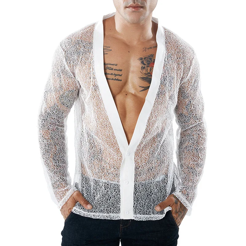 Shirt men Street wear Sexy Club Strip Pure Transparent Screen Fashion Style Net Lace Long Sleeve shirt men Casual Solid Men Tops
Shirt men Street wear Sexy Club Strip Pure Transparent Screen Fashion Style Net Lace Long Sleeve shirt men Casual Solid Men Tops