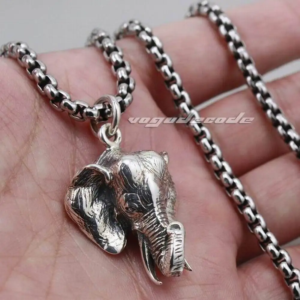 

Big Wild Elephant Solid 925 Sterling Silver Mens Pendant 8C025 with Stainless Steel Necklace 24 inches