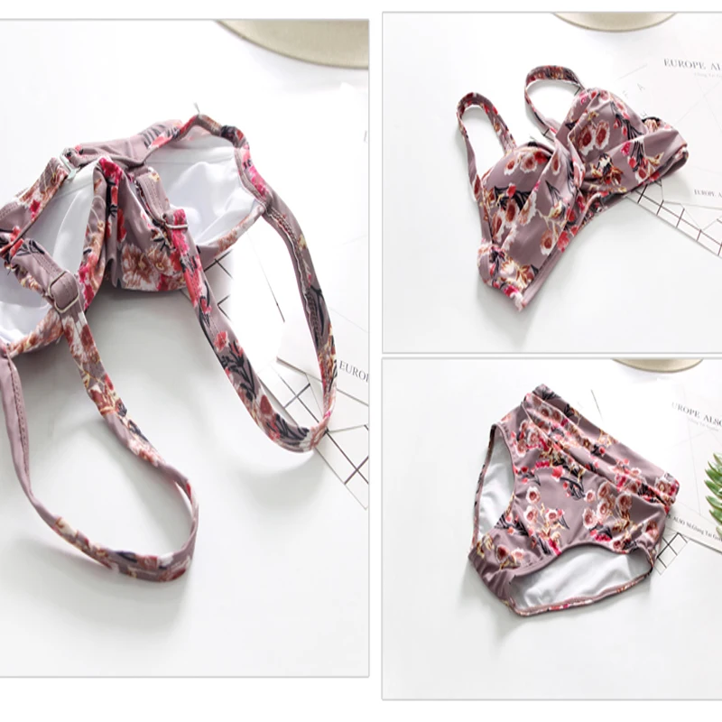 Summer Women High Waisted Bikini Swimsuit Floral Printed Three Piece Beachwear Bathing Suit Quick Dry Sexy Triangle Bikinis Set5