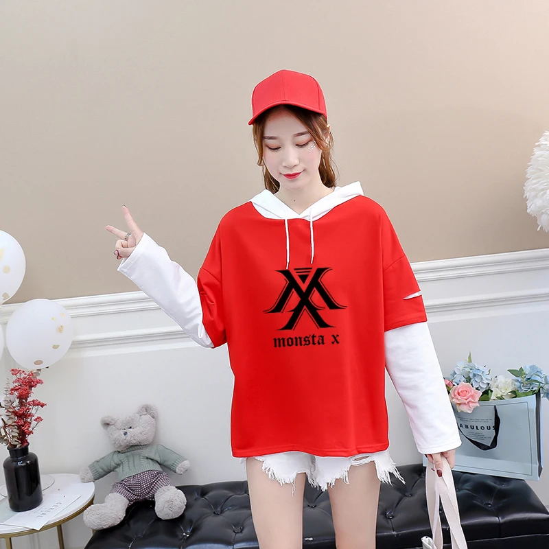 2019 Fashion Harajuku T-Shirt Women Kpop MONSTA X T Shirts Cotton Long Sleeve Patchwork Korean Style Hooded Tops Tee Shirt Femme
2019 Fashion Harajuku T-Shirt Women Kpop MONSTA X T Shirts Cotton Long Sleeve Patchwork Korean Style Hooded Tops Tee Shirt Femme