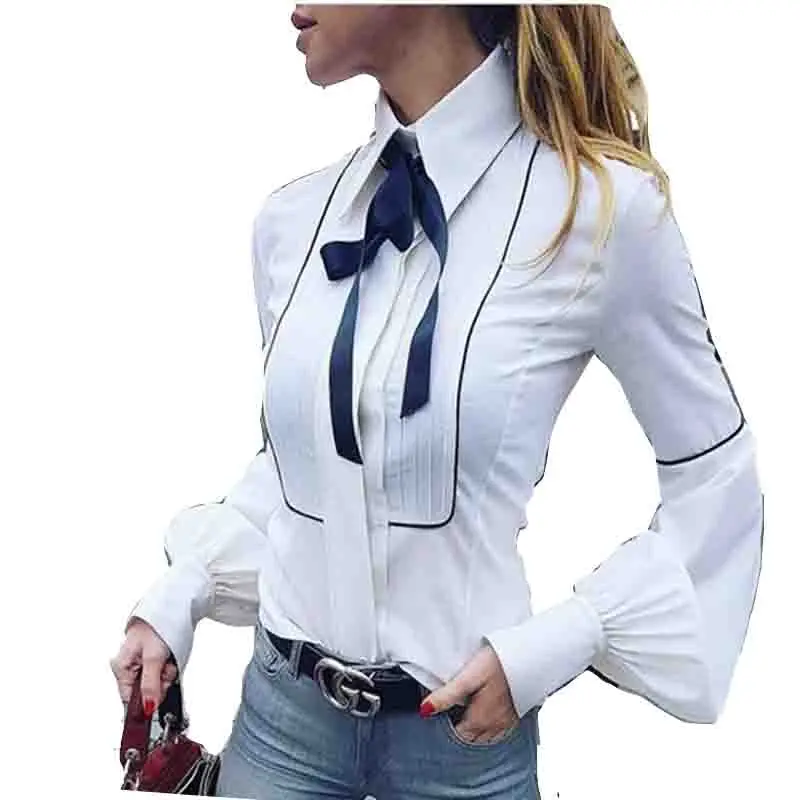Office Bow Tie Blouse Women Lantern Sleeve White Button Necktie Shirts Female Elegant Work Shirt Casual Tops New 2018 Spring |