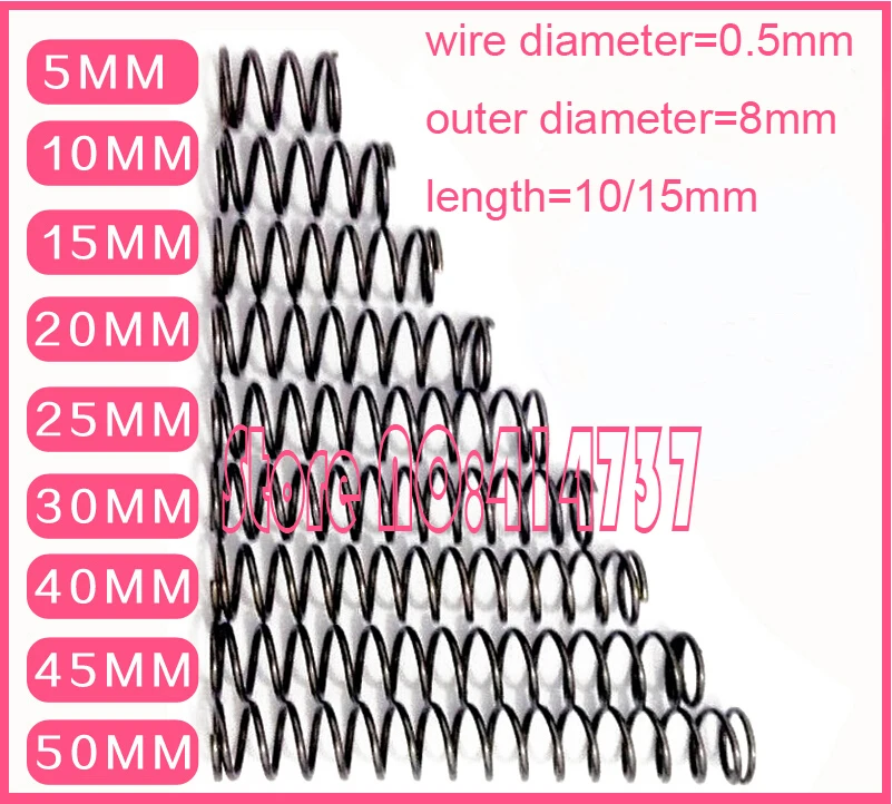 50pcs 0.5*8mm series small spot spring 0.5mm wire compression pressure springs 0.5*8*(10/15)mm
50pcs 0.5*8mm series small spot spring 0.5mm wire compression pressure springs 0.5*8*(10/15)mm