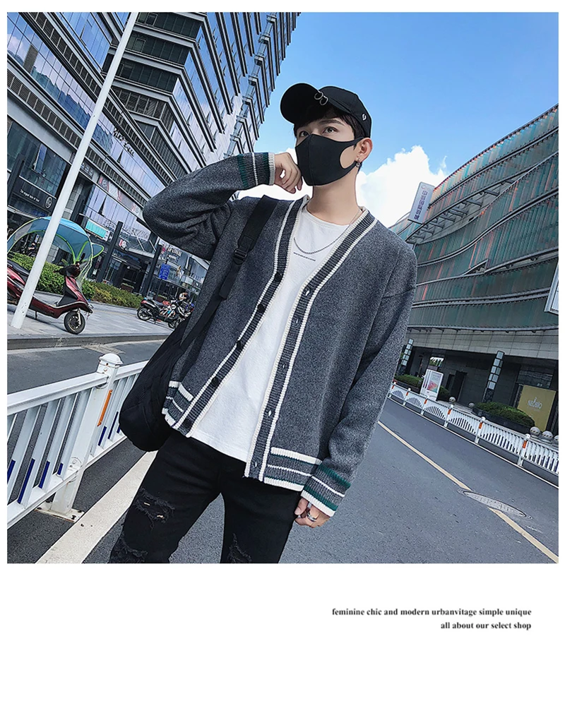 Check Button Cardigan Male Oversize Loose Streetwear (6)