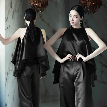 2 Two Piece Set Women Satin O Neck Crop Top and Long Pants Set Outfits Black Sexy Summer Sleeveless Women Conjunto Feminino 2019 
2 Two Piece Set Women Satin O Neck Crop Top and Long Pants Set Outfits Black Sexy Summer Sleeveless Women Conjunto Feminino 2019