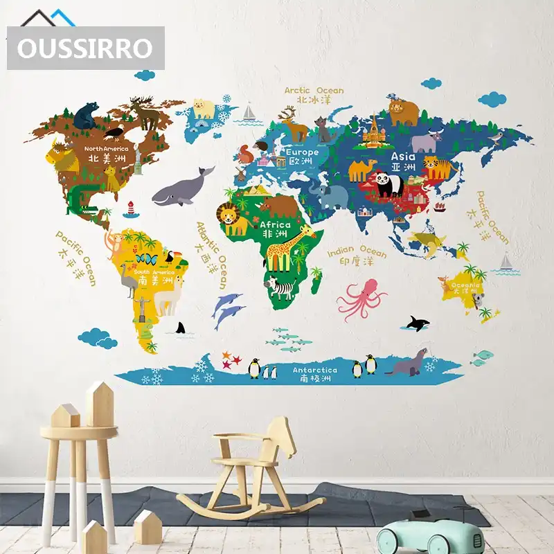 Oussirro ステッカー壁私かわいい世界地図子供ベッドルーム 緑の背景リムーバブル壁ステッカー壁紙子供 Poni ウォール ステッカー Gooum