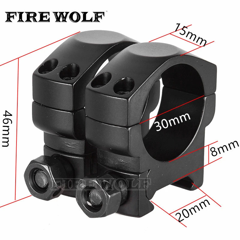 FIRE WOLF Tactical Mark 30mm Low Profile Riflescope Rifle Scope Picatinny Weaver Mount Ring 20mm Base Black Matte