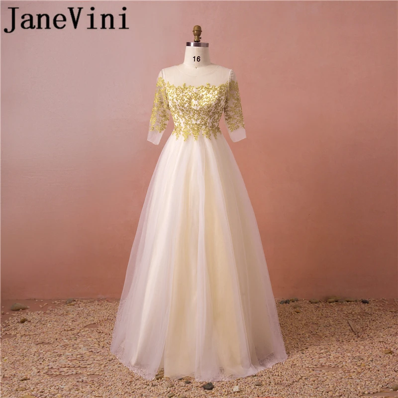 JaneVini Elegant Champagne Long Evening Dress A Line Gold Lace Applique Tulle Half Sleeves Mother of the Bride Dresses Plus Size
JaneVini Elegant Champagne Long Evening Dress A Line Gold Lace Applique Tulle Half Sleeves Mother of the Bride Dresses Plus Size