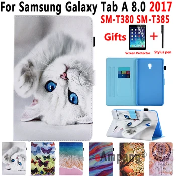 

SM-T380 SM-T385 Case for Samsung Galaxy Tab A 8 2017 8.0 A2 S T380 T385 Stand Smart Cover Funda Cartoon Cat Shell Capa +Film+Pen