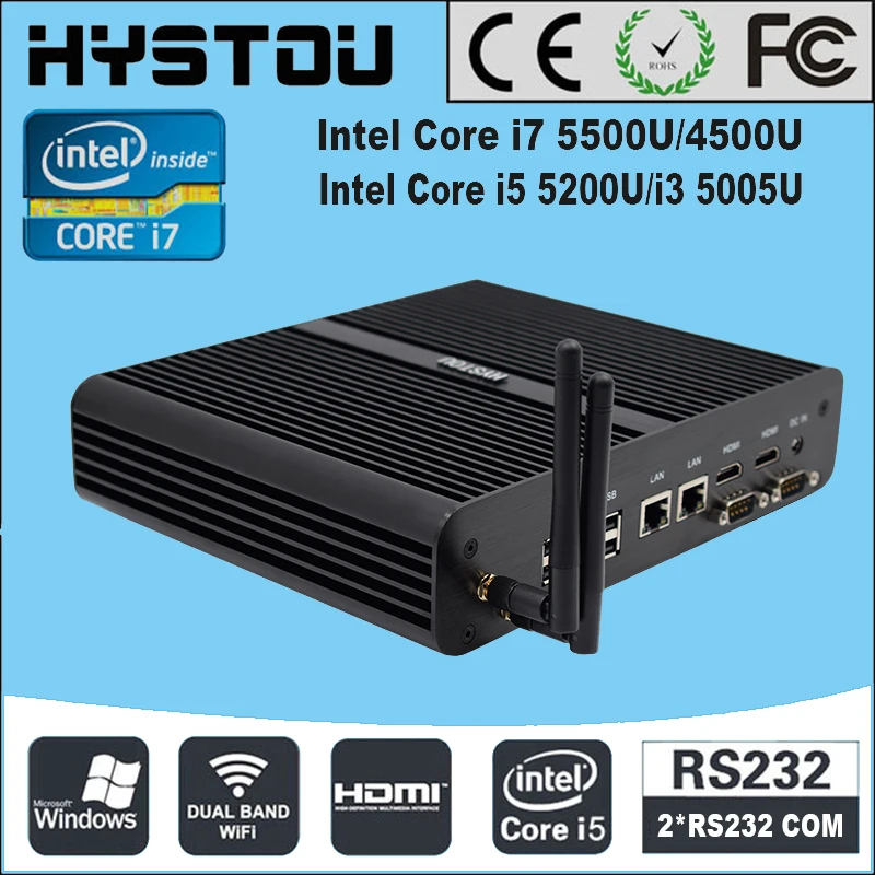 

Hystou industrial MiniPc i5 5200U Dual Com 2 lan Portable Fanless computer Intel Core I7 5500U Linux Ubuntu Desktop I3 5005U