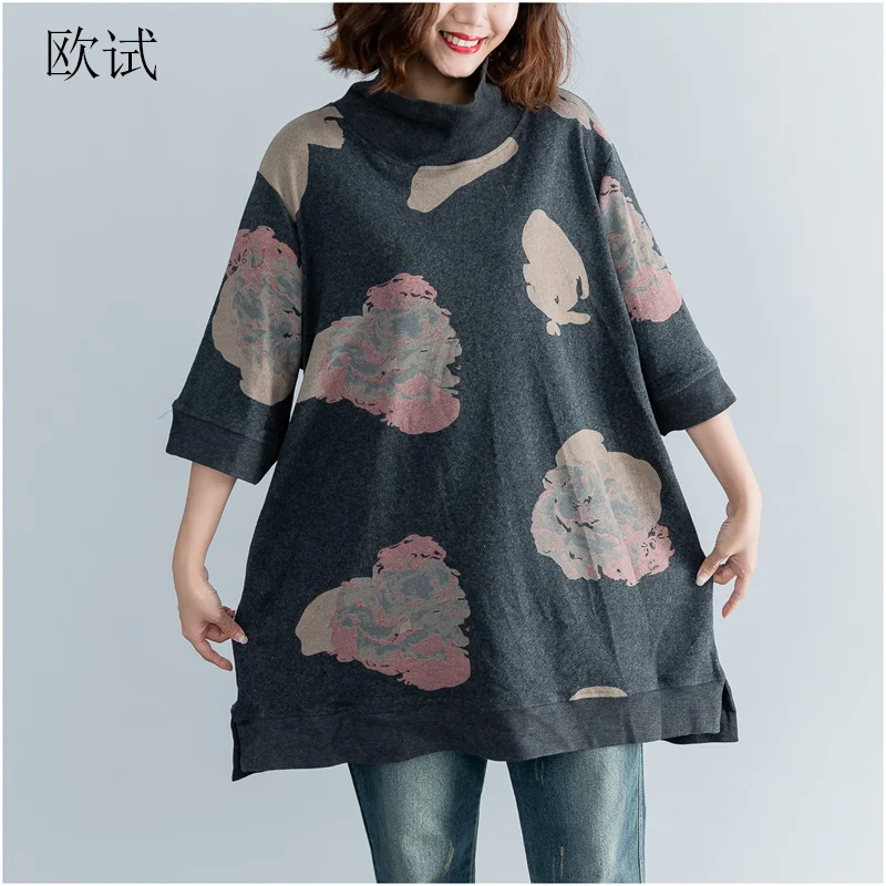 Plus Size Turtleneck Hoodies Long Sweatshirt Women Half Sleeve Print Autumn Tops Cotton Hoodie Loose Elastic Sweatshirts 2019
Plus Size Turtleneck Hoodies Long Sweatshirt Women Half Sleeve Print Autumn Tops Cotton Hoodie Loose Elastic Sweatshirts 2019