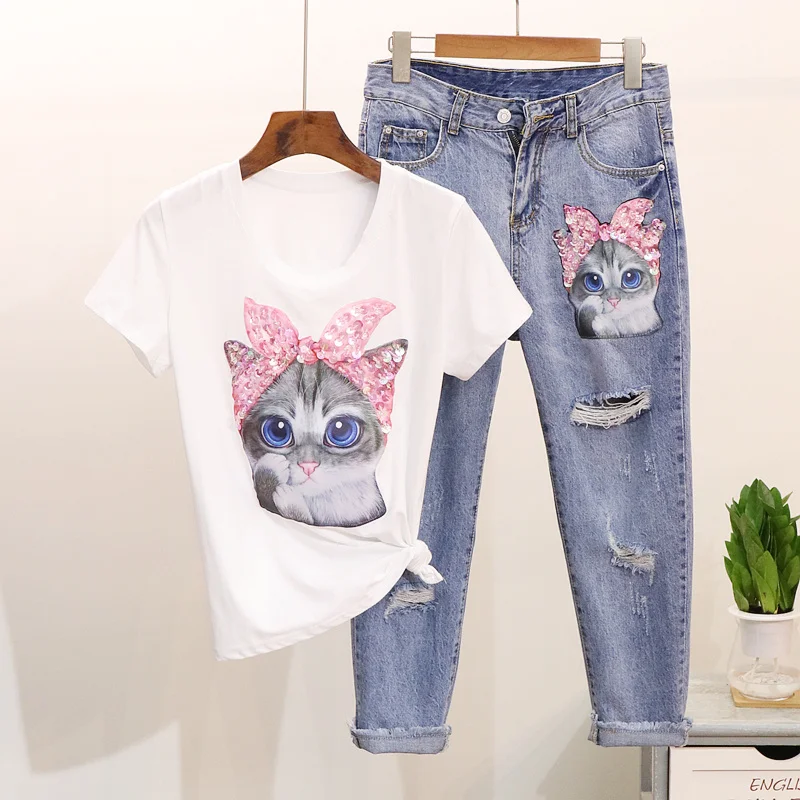Amolapha Women Cartoon T Shirts Jeans Suits Casual Short Sleeve Sequins Tshirt+Calf-Length Denim Pants Sets for Ladies Woman
Amolapha Women Cartoon T Shirts Jeans Suits Casual Short Sleeve Sequins Tshirt+Calf-Length Denim Pants Sets for Ladies Woman