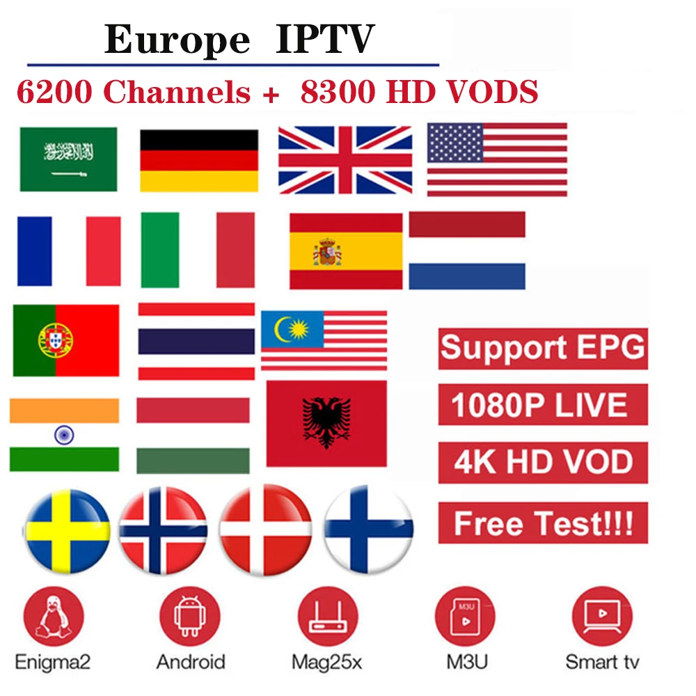 IPTV Europe M3U Subscription With 3 month 6200 Channel Include News kid Sport Live Cinema Adult support TV Box Androud TV H96 E2
IPTV Europe M3U Subscription With 3 month 6200 Channel Include News kid Sport Live Cinema Adult support TV Box Androud TV H96 E2