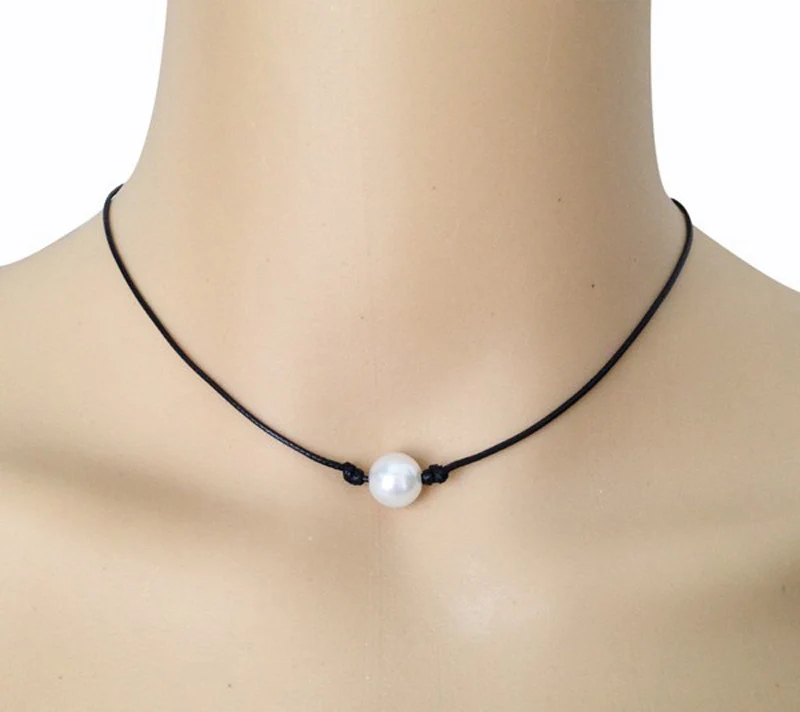 

10mm Cultured Freshwater White Pearl Necklace Single Pearl Black Leather Choker Real Floating Pearl Pendant Handmade Jewelry
