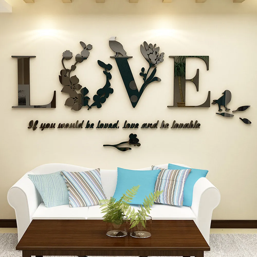 3d Leaf Love Wall Stickers Lettering Art Quote Sticker For Living Room Bedroom Acrylic Mural Wall Decal Removable Art Home Decor Vinyl Wall Art Vinyl