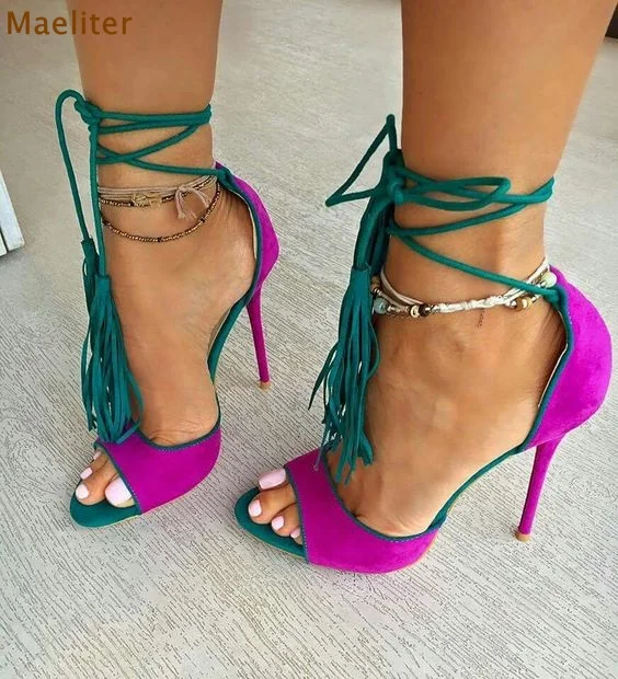 

Women Chic Fuchsia Suede Fringe Sandals Concise Ultra High Heels Lace-up Tassel Shoes Rose Red Yellow Cross Tied Dress Pumps