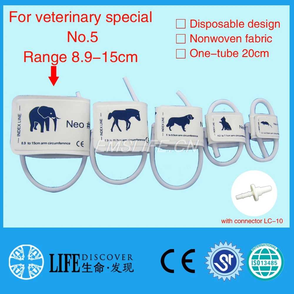 Disposable Non woven fabric NIBP Cuff with Single tube for Veterinary paitent monitor No.5 elephants with connector LC-10
Disposable Non woven fabric NIBP Cuff with Single tube for Veterinary paitent monitor No.5 elephants with connector LC-10
