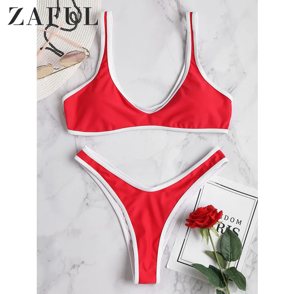 

ZAFUL Bikini Contrast Trim Bralette Bikini Set High Cut Padded Swimwear Women Swimsuit Summer Sexy push up Bathing Suit 2019